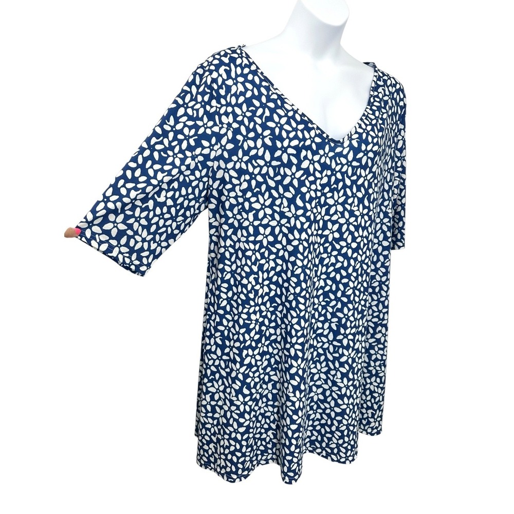 V-Neck Short Sleeve Dress Navy Blue Floral Jersey Women's Size 4XL Knee Length